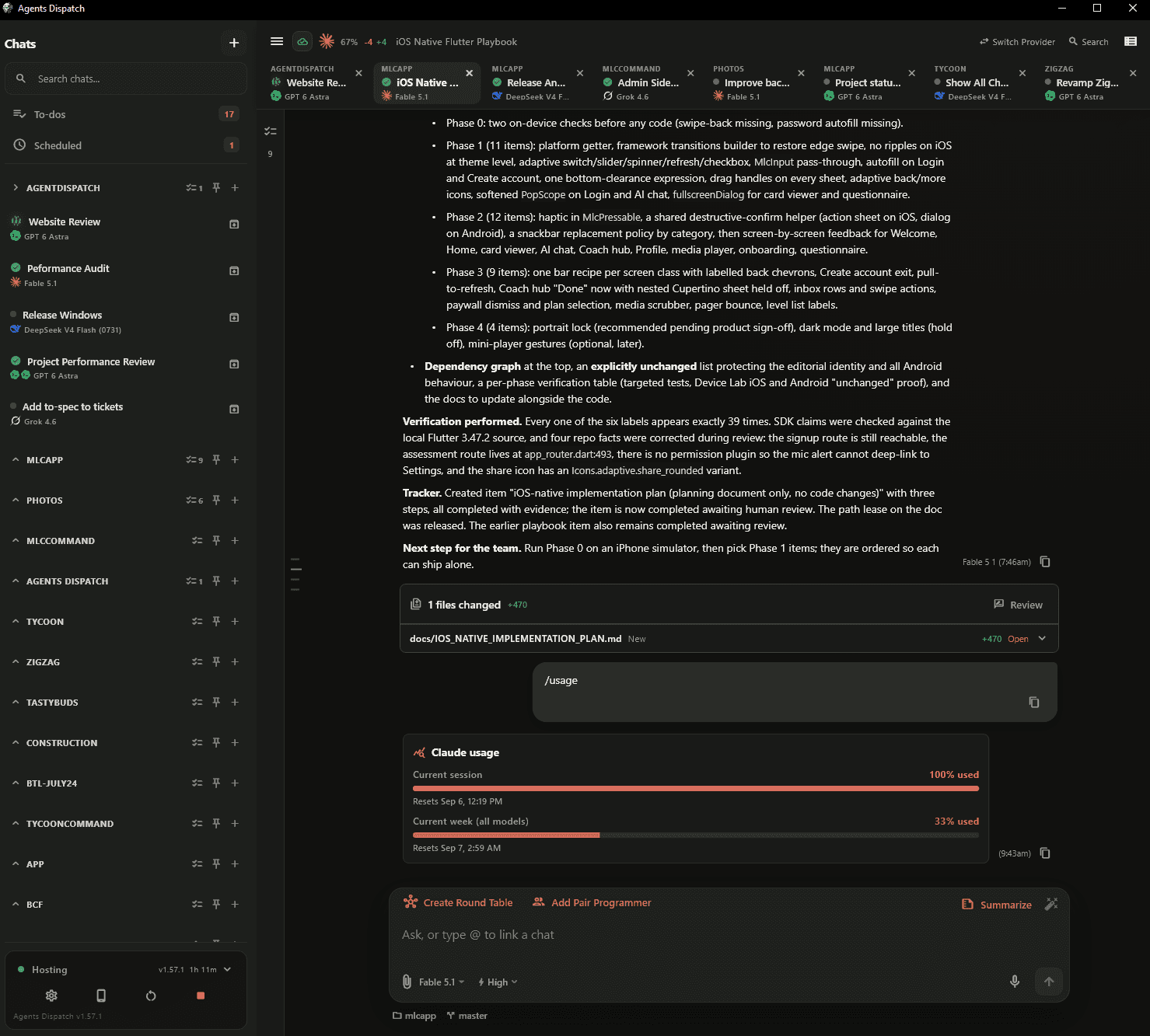 Agents Dispatch desktop workspace showing project conversations and coding output