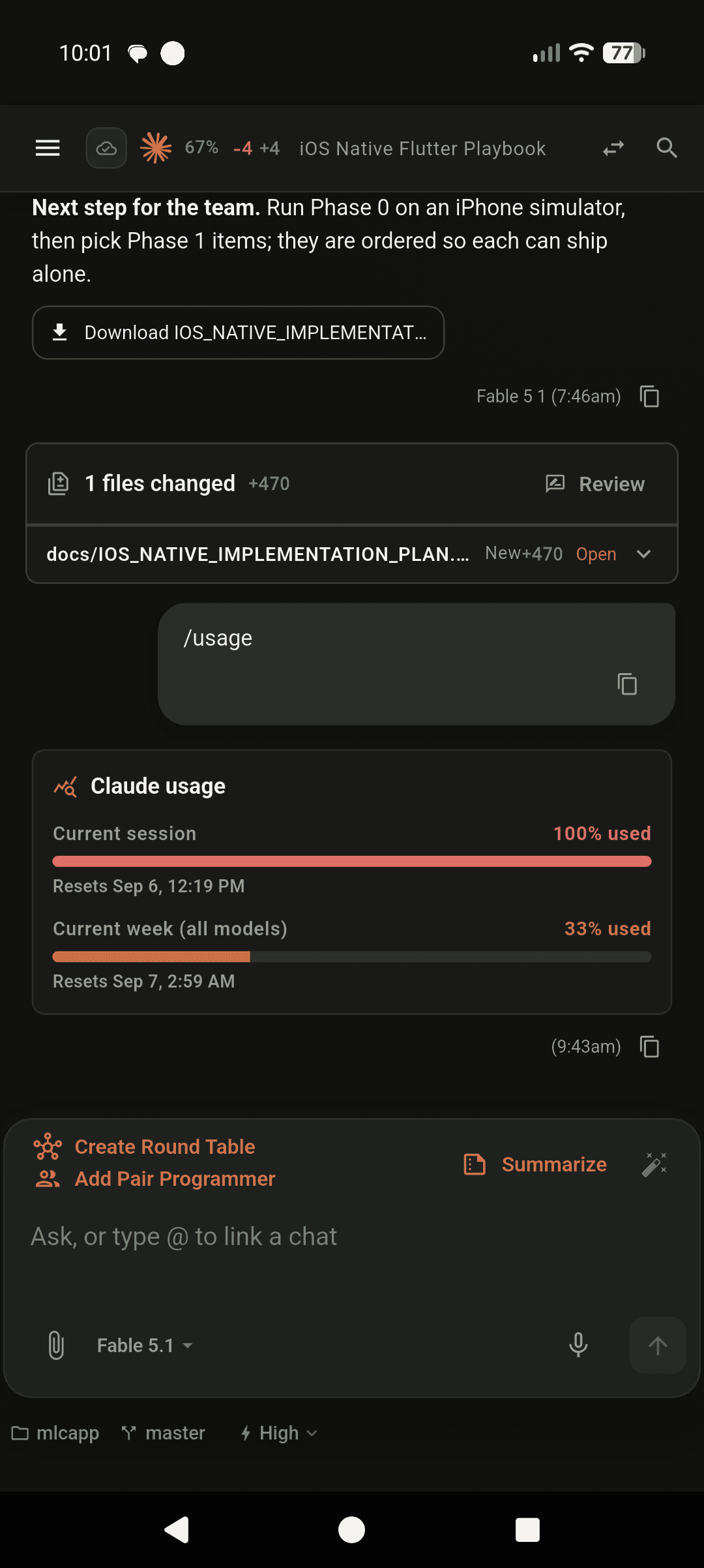 The same iOS Native Flutter Playbook conversation on Android, with file download, review, and usage controls