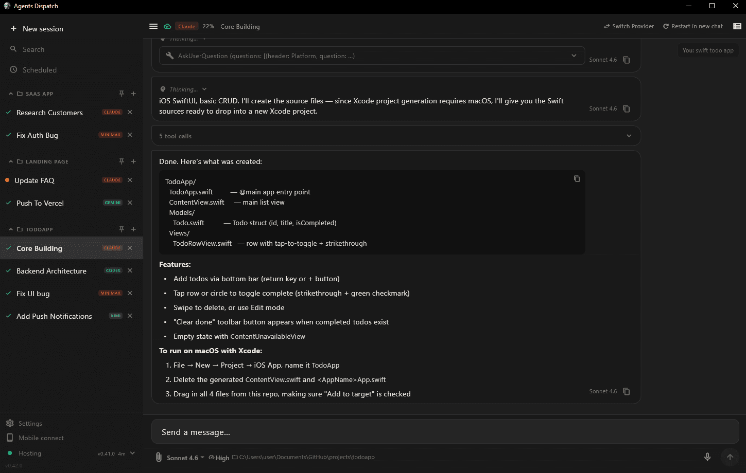 Agents Dispatch desktop app showing AI agent sessions