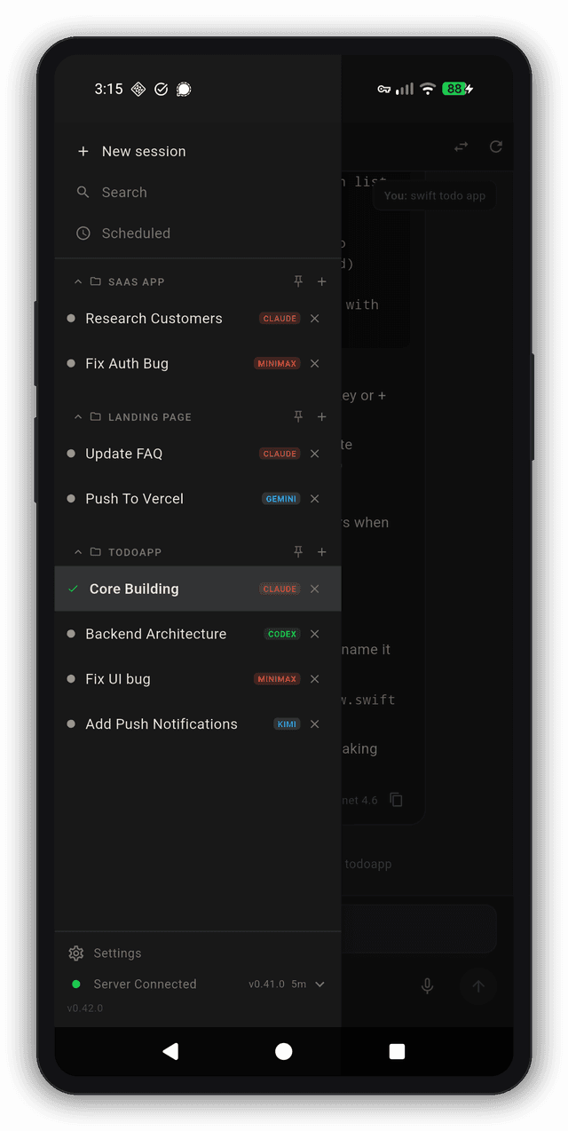Agents Dispatch mobile app — session list on iOS